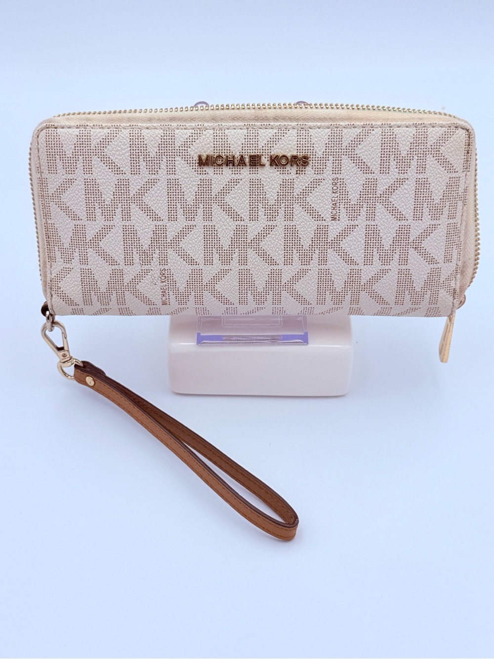 Michael Kors Signature MK Zip Around Wristlet with Brown Strap